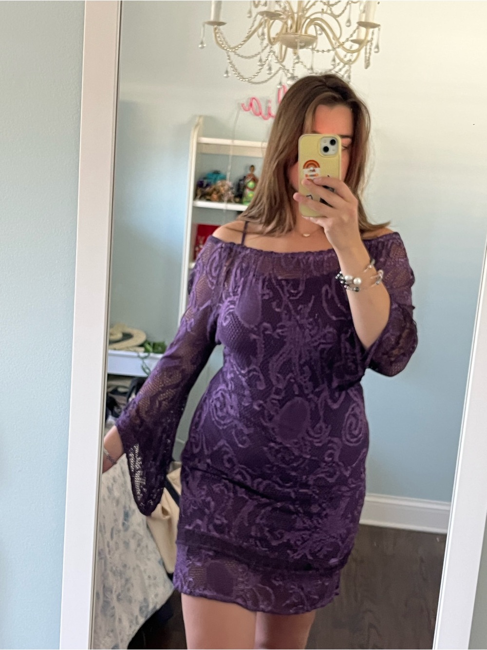 Tempo Paris Purple Off-Shoulder Lace Mini Dress